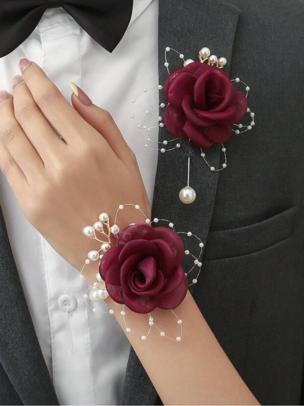 Elegant Burgundy Rose Corsage Wrist and Lapel Set